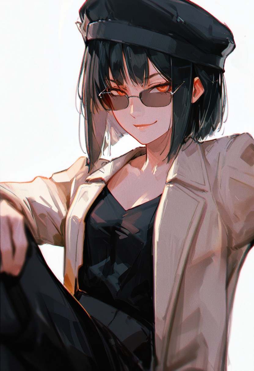 victorianera, ww1era, amazing quality, hdr, high detail, portrait, close up, character, alone, solo, one person, 1woman, young woman, light skin, amber eyes, short black hair, smug expression, lean body, slim, black shirt, white luxurios coat, sunglasses, black pants, black beret, relaxed pose, simple background, white background, high detail eyes, high detail face