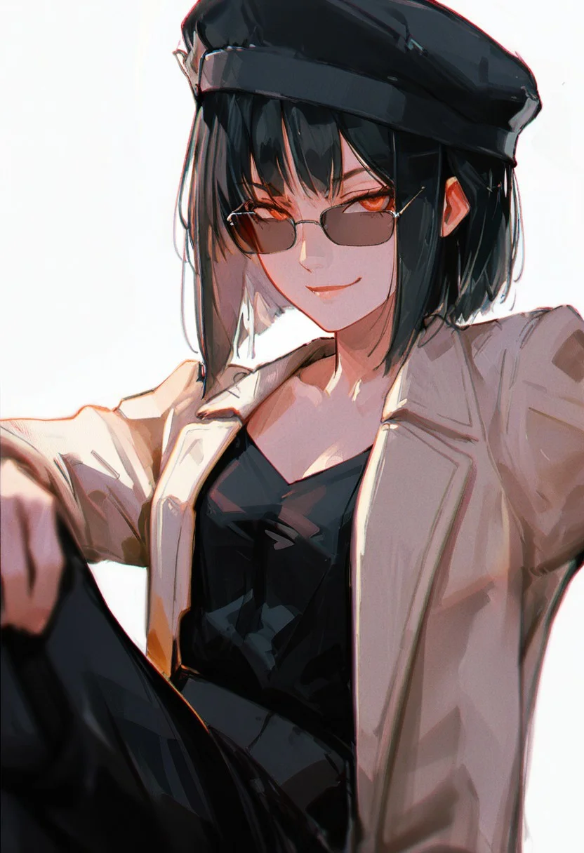 victorianera, ww1era, amazing quality, hdr, high detail, portrait, close up, character, alone, solo, one person, 1woman, young woman, light skin, amber eyes, short black hair, smug expression, lean body, slim, black shirt, white luxurios coat, sunglasses, black pants, black beret, relaxed pose, simple background, white background, high detail eyes, high detail face