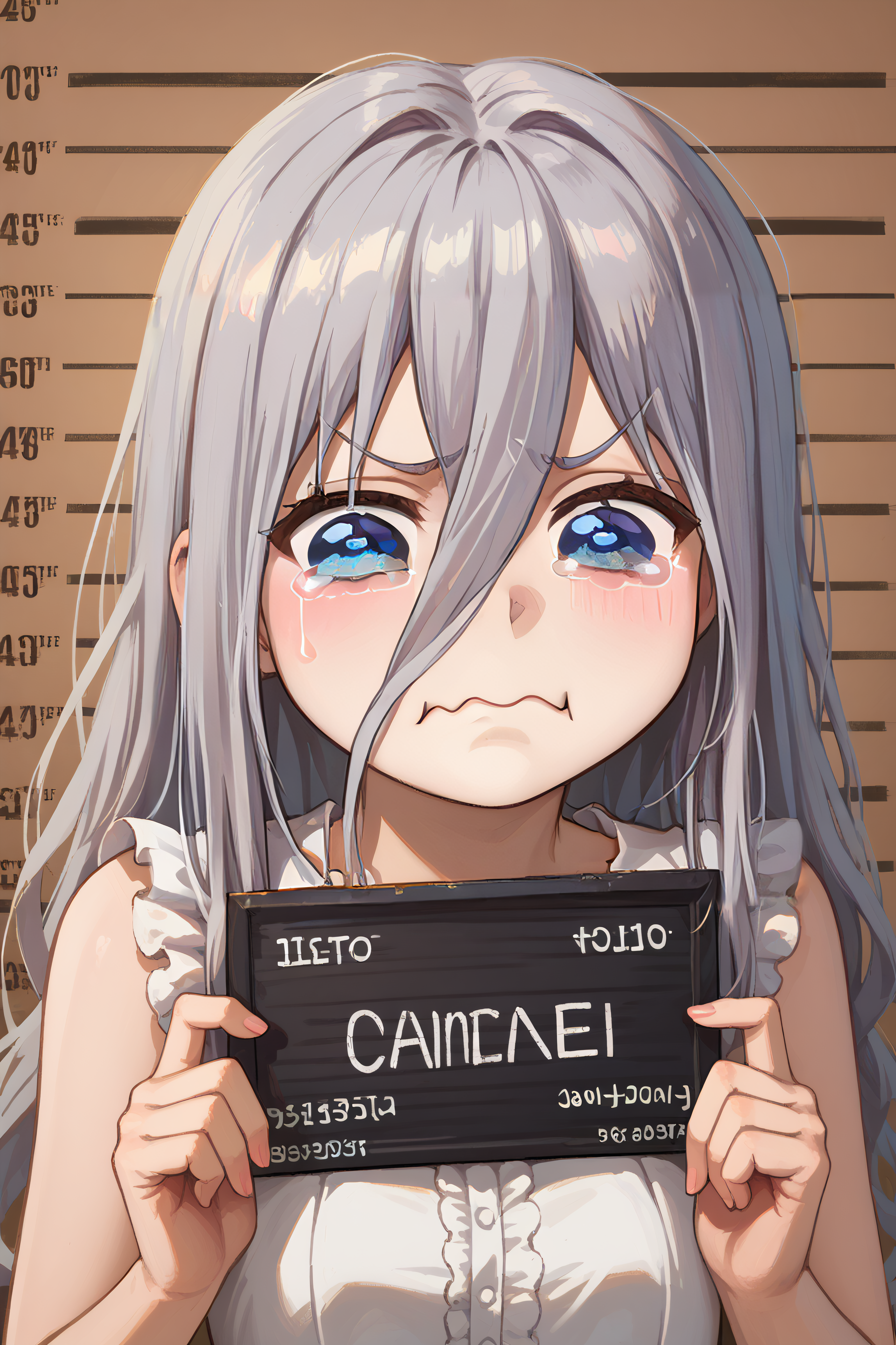 score_9, score_8_up, score_7_up, score_6_up, source_anime, BREAK, <lora:Mio Takamiya-PonyXL-lora-Faxtron:0.85> mio takamiya, blue eyes, grey hair, long hair, hair between eyes, white dress, collarbone, sleeveless,  <lora:barbie-mugshot-ponyxl-lora-nochekaiser:1> barbie mugshot, barbie mugshot (meme) height mark, holding sign, nameplate, height chart, sign, meme,,  <lora:aqua-about-to-cry-ponyxl-lora-nochekaiser:1> crying aqua, crying aqua (meme), crying, tearing up, tears, wavy mouth,,