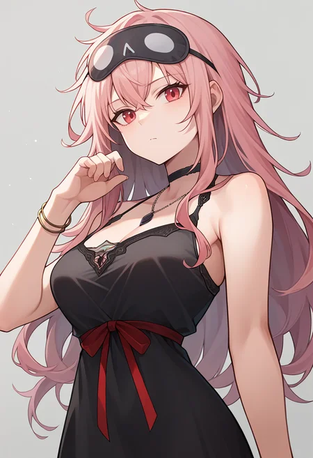 score_9,score_8_up,score_7_up,score_6_up,score_5_up,score_4_up,
1girl, mori calliope, long hair, messy hair, black pendant choker, see-through black nightgown, empire waist, bracelet, red ribbon, sleep mask,
solo, cowboy shot, simple background, grey background, closed mouth, looking at viewer,
<lora:moriponyxl:1>