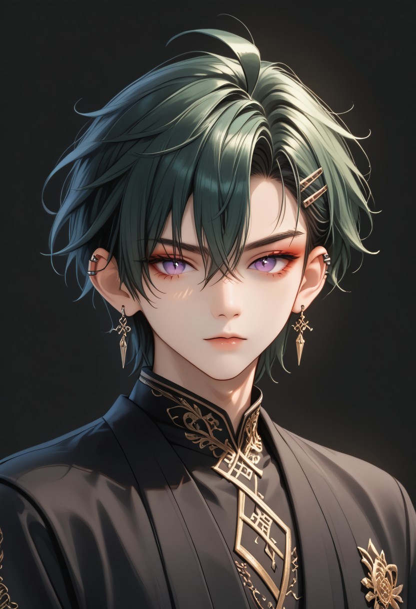 Score_9, Score_8, Score_7,masterpiece quality, full body, front view, perfect eyes, perfect face, perfect ears, perfect anatomy, perfect hands, intricate details, BREAK,1boy, antherima, solo, 20 years old, dark green hair, hair between eyes, asymmetrical hair parting on left, hair clip on left side, ahoge, medium length bangs, anime reference, slit pupils, purple Eyes, light_red_eyeshadow, ((1_earstud_left_side)), BREAK, black vest, dark_green_robes, chinese theme, extreme detail, layered clothing, long sleeves, hands in sleeves, arms in front of chest, ,BREAK,
((black_background))