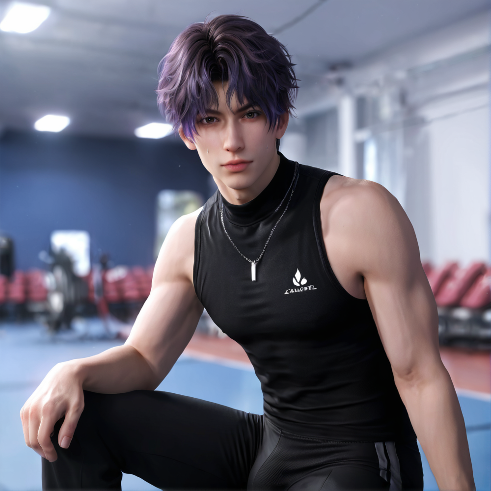 1boy,purple hair,black eyebrows,brown eyes,watch,sportswear,black turtleneck sleeveless,necklace,(black sweatpants:1.1),(bulge:1.5),depth of field,gorgeous background,formal,indoors,looking at viewer,male focus,solo,masterpiece,best quality,high quality,detailed hair,detailed face,detailed skin,realistic,<lora:L&DsRafayel(ZQ)_v1.0:0.5>,