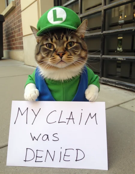 sh4m3 a high resolution photo  of a cat with a sign in front of it that says with handwritten text: "My claim was denied" <lora:Meme_soph-CatShame-FLUX:1>. The cat is wearing a luigi costume in manhattan
