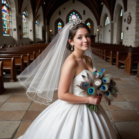 Peacock, made of peacock, peacock feathers, StackedShortstack, score_9, perfect photography, rating_safe, SFW,
1girl, short, large breasts, white peacock wedding dress, peacock wedding veil, dynamic pose, face focus, in a church background, rows, blurred people in the background, big altar in the background,