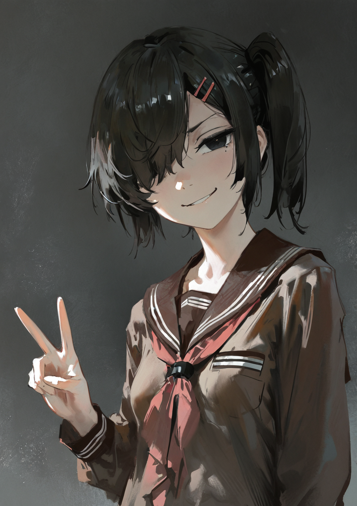 masterpiece, best quality, very aesthetic BREAK dino \(dinoartforame\), faux traditional media, painting \(medium\), 1girl, solo, brown serafuku, black hair, black eyes, hair over one eye, side ponytail, smirk, peace sign, v, upper body, small breasts
 <lora:noob05-dinoartforame-jan30v2-step00002464:1>