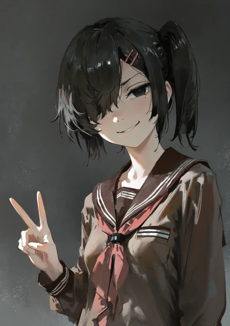 masterpiece, best quality, very aesthetic BREAK dino \(dinoartforame\), faux traditional media, painting \(medium\), 1girl, solo, brown serafuku, black hair, black eyes, hair over one eye, side ponytail, smirk, peace sign, v, upper body, small breasts
<lora:noob05-dinoartforame-jan30v2-step00002464:1>