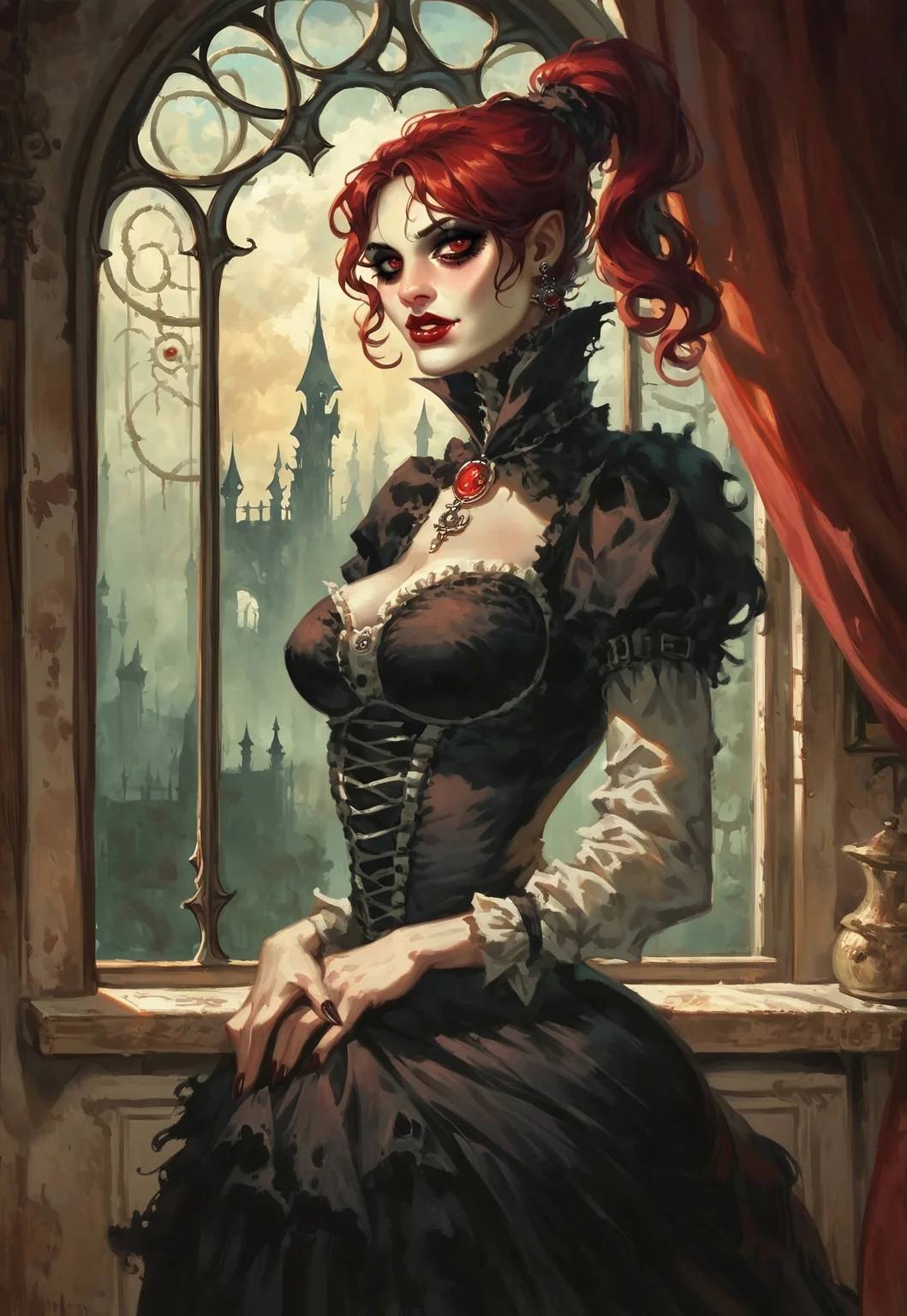 score_9, score_8_up, score_7_up, gop, oil painting \(medium\), gothic, horror \(theme\), victorian style, castle, interior, window light, rimlight, 1girl, vampire, beautiful face, lips, red hair, ponytail, pale skin, red eyes, red lipstick, looking at viewer, wide hips, high collar dress, necklace, dark eyeshadow, cowboy shot