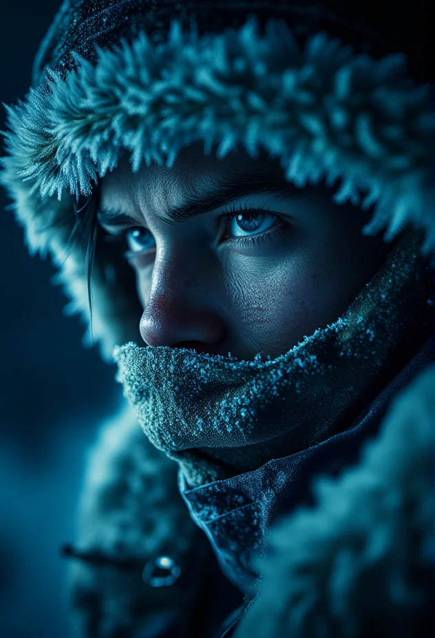 A close-up side profile of a frostbitten survivor, their face partially obscured by a thick, fur-lined hood, icy breath visible in the frigid air, frost covering the eyelashes and eyebrows, intense determination visible in their eyes, illuminated by soft, pale blue light against a dark, snow-filled background, capturing the quiet struggle for survival .bv-fropunsty<lora:bv-frostpunk-style-v1.safetensors:1.0:1.0>