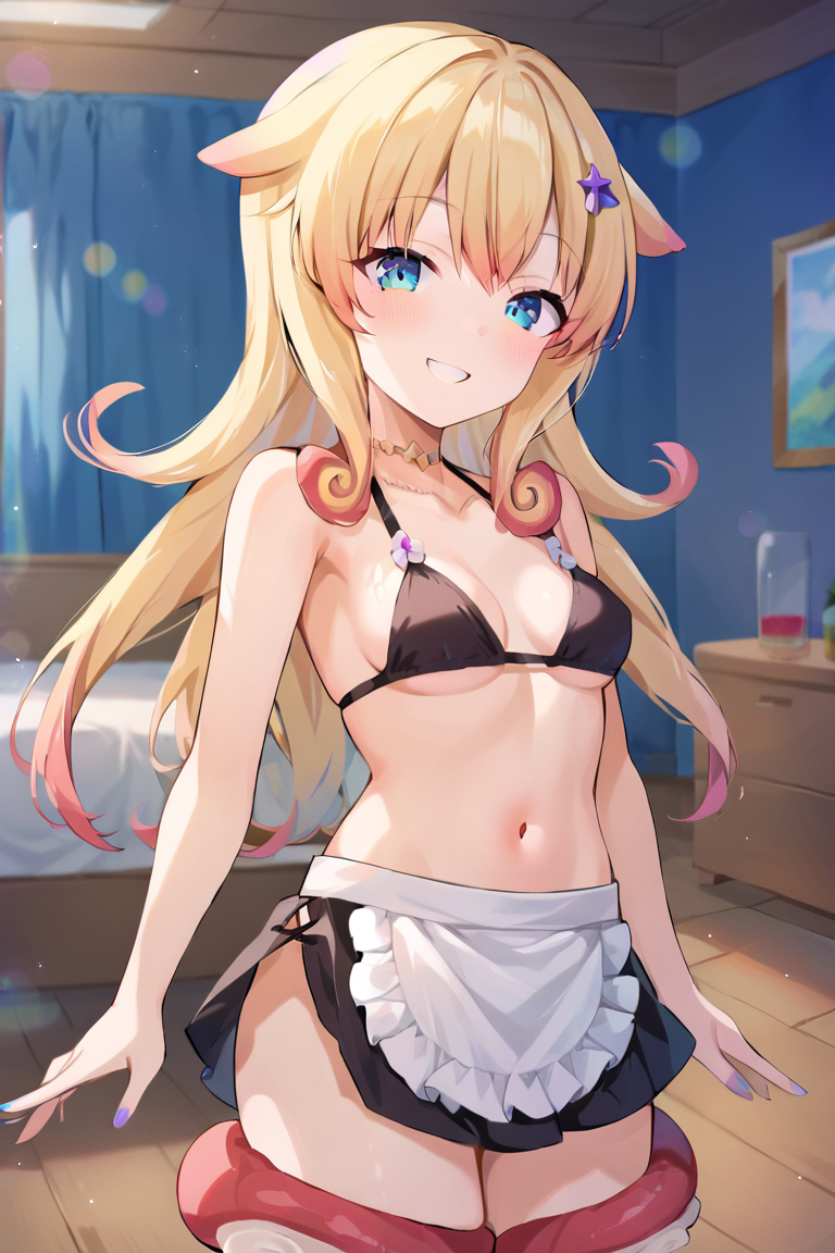 solo, 1girl, female, momo_otako, smile, ((tentacle)), small breasts, BREAK black skirt, waist apron, navel, bikini, BREAK indoors, bedroom, colorful, looking at viewer, portrait, BREAK ((ultra-detailed)), ((best quality)), ((best quality)), ((beautiful eyes)), ((extremely detailed)), 4K, (8K), best quality, (beautiful), Master piece, highres, score_9, score_8_up, score_7_up, score_6_up, score_5_up, score_4_up, colorful, best quality, official art, highres, masterpiece, nai3, god light, detailed background, high quality background, <lora:add_details_xl:1> <lora:Momo_Otako_V-Tuber:1>