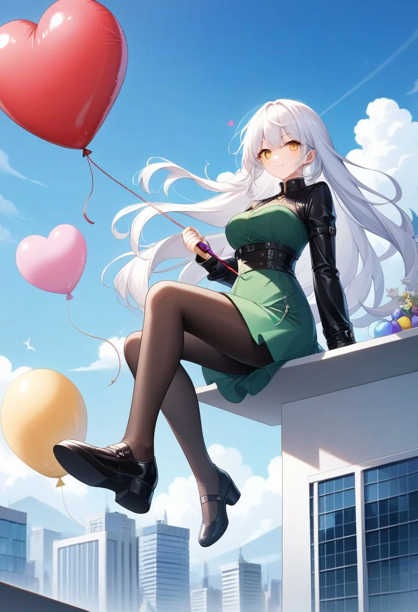 (masterpiece), (score_9, score_8_up, score_7_up,source_anime), best quality, ultra-detailed,24K, illustration, (Uncorrected), CG,
Latex, girl, holding umbrella,
Multiple balloons, huge balloon, (heart-shaped ballons:1.2).
(Girl sitting on balloons, floating, white hair, ultra-long hair, amber eyes, ultra-detailed eyes:1.2), green dress, jacket, pantyhose, leather shoes,
in Rooftop of Skyscraper, modern city, Skyscraper,