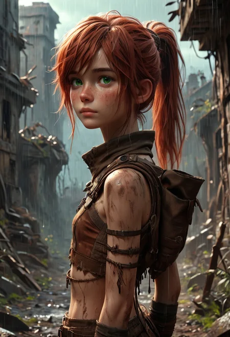 score_9, score_8_up, score_7_up,  1woman,  Masterpiece, 4k, ultra high detail, score_9, score_8_up, score_8, 21yo, small breast size, long red ponytail hair, fcNeg, stunning green eyes, freckles, white skin, small nose, innocent beauty, slim cute face,  skinny body, red hair, 
Alerted look, dry tears, dirty clothes, dirty face, 
 particles, lightbrown_full_body_wild_leather_suit, 
Dark sky with stormclouds, ash, raining Ash like dark snow, ruins, wasteland, cityruins, tribal_native_clothes,
End of the World, 
negative_hand, NightScapes,