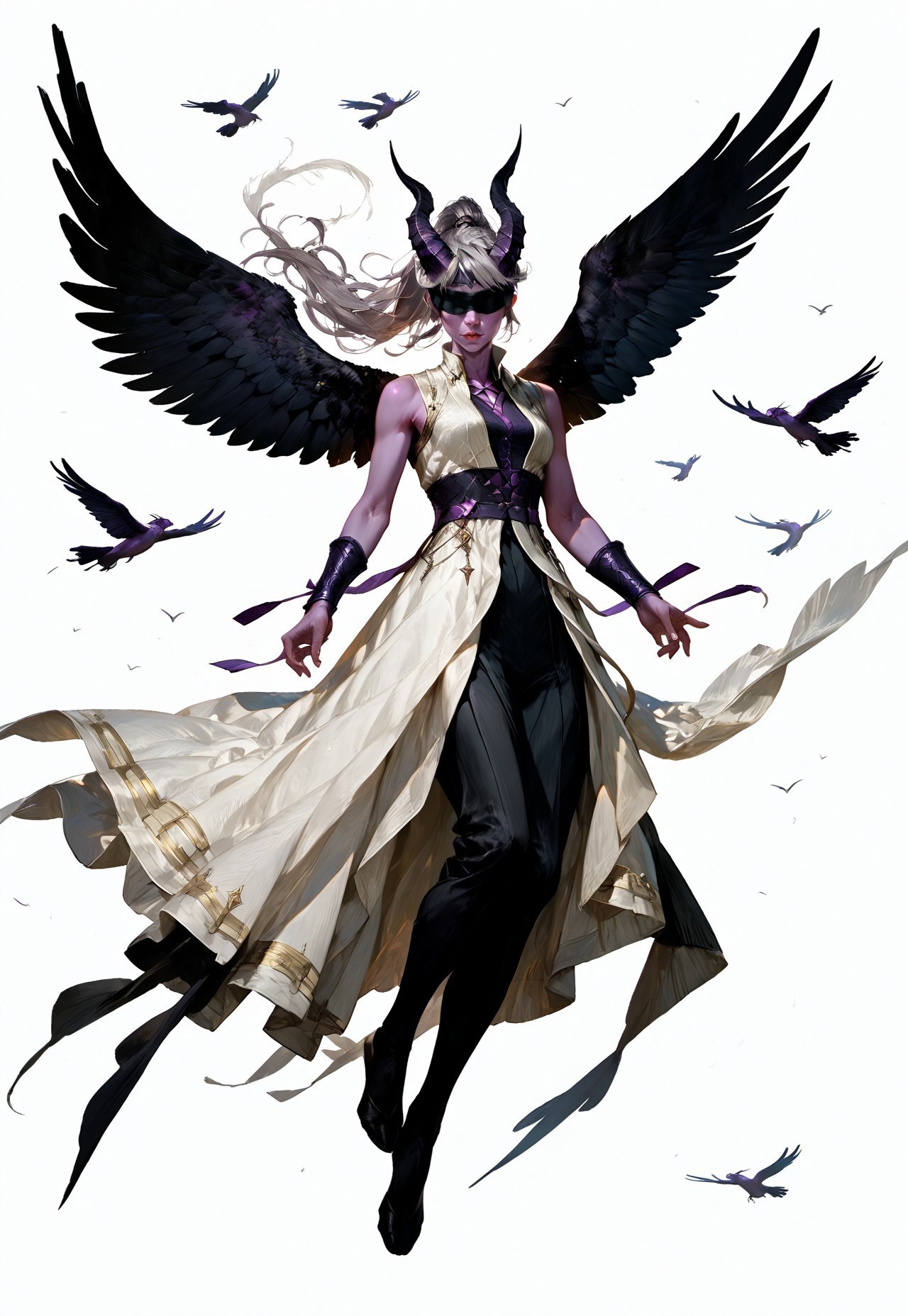(absurdres, best quality, masterpiece:1.4), 
score_9, score_8_up, score_7_up, score_6_up, 
detailed, 
detailed body, 
detailed face, 
(((smooth skin, unbroken skin, detailed skin))), 
fantasy, 
alone, 

female, 
tiefling, 
h0rns, 
ram horns, 
black horns, 
tall, 
((((purple skin)))), 
((long grey hair, ponytail)), 
(((wingsd, black wings))),

floating, flying, hovering, weightless, 

(white robe, sleeveless, 
blindfold, black cloth blindfold), 

(((white background, plain background))), 
full body, 
front view, 