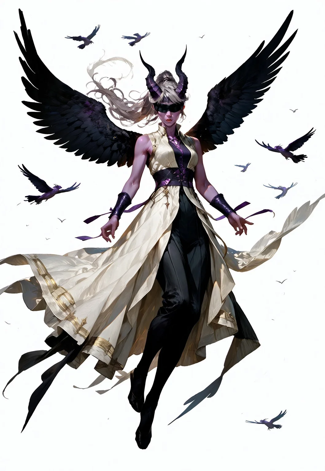 (absurdres, best quality, masterpiece:1.4),
score_9, score_8_up, score_7_up, score_6_up,
detailed,
detailed body,
detailed face,
(((smooth skin, unbroken skin, detailed skin))),
fantasy,
alone,
female,
tiefling,
h0rns,
ram horns,
black horns,
tall,
((((purple skin)))),
((long grey hair, ponytail)),
(((wingsd, black wings))),
floating, flying, hovering, weightless,
(white robe, sleeveless,
blindfold, black cloth blindfold),
(((white background, plain background))),
full body,
front view,