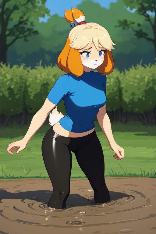 isabelle \(animal crossing\), (masterpiece, best quality:1.15), 1girl, solo, large breasts, high cheekbones, thick eyebrows, small mouth, looking to the side, leaning forward, adjusting clothes, tight leggings, green crop top shirt, starry nights, long hair, twin short braids, scared, partially submerged, struggling, farmland bog, quicksand, worried, sinking