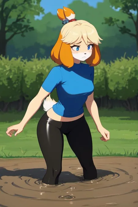 isabelle \(animal crossing\), (masterpiece, best quality:1.15), 1girl, solo, large breasts, high cheekbones, thick eyebrows, small mouth, looking to the side, leaning forward, adjusting clothes, tight leggings, green crop top shirt, starry nights, long hair, twin short braids, scared, partially submerged, struggling, farmland bog, quicksand, worried, sinking