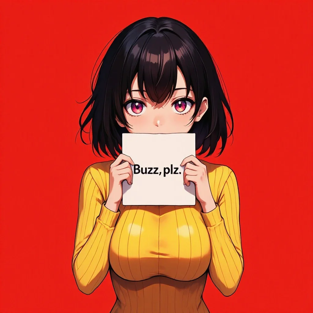 anime,detail eyes,magic eyes,de01,animescape,blush, 1girl, seduce smile, perfect body , natural huge breasts,solo,red background,bent over,alex, black hair, brown eyes, yellow bodysuit, teasing,breasts squeezed together,,upper body,
holding sign with text "Buzz,plz!"