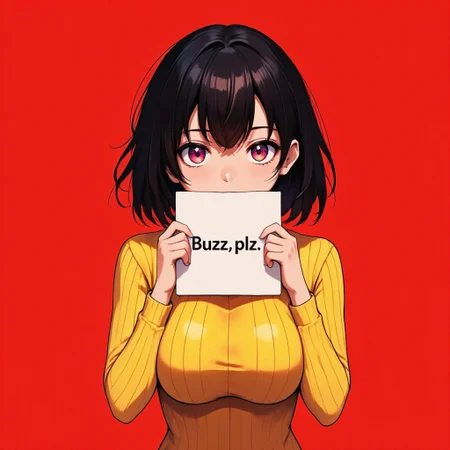 anime,detail eyes,magic eyes,de01,animescape,blush, 1girl, seduce smile, perfect body , natural huge breasts,solo,red background,bent over,alex, black hair, brown eyes, yellow bodysuit, teasing,breasts squeezed together,,upper body,
holding sign with text "Buzz,plz!"