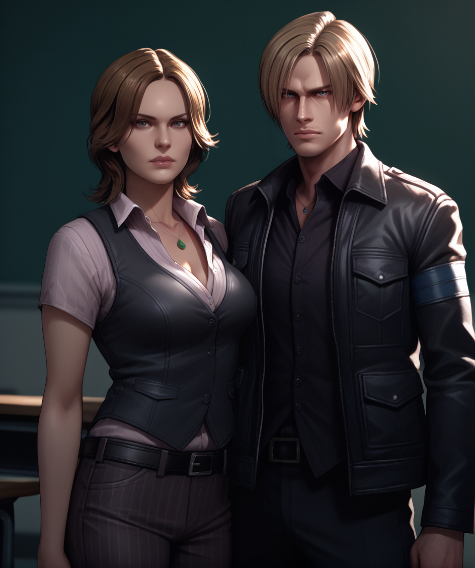 score_9, score_8_up, score_7_up, score_6_up, score_5_up, score_4_up, source_anime, photoshop \(medium\),<lora:RE6_t1-000012-128:1.0> 1boy, Leon Kennedy, 1girl, Helena Harper, standing, school campus, looking at viewer, pants, vest, jacket, necklace