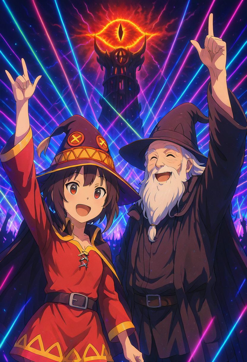 masterpiece, best quality,  L0rd0fTh3R4v3s, g4nd4lf, 1girl, looking at viewer, smile, short hair, open mouth, brown hair, black hair, red eyes, 1boy, hat, dress, :d, belt, cape, arm up, witch hat, facial hair, red dress, beard, short hair with long locks, old, old man, megumin  ,<lora:SauronsRaveTower_IXL_v1:1.0>,