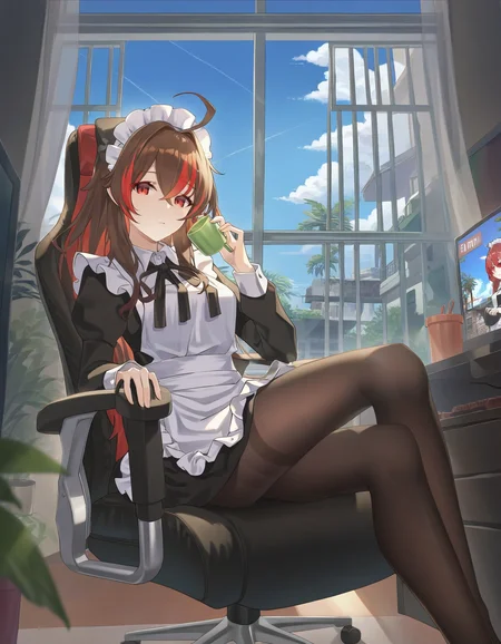 1girl, sitting, gaming chair, holding cup, computer, monitor, electric fan, solo, long hair, looking at viewer, bangs, brown hair, red eyes, long sleeves, hair between eyes, closed mouth, ahoge, pantyhose, red hair, multicolored hair, indoors, streaked hair, maid headdress, maid apron, frilled apron, potted plant, blinds, window, building, day, cloud, blue sky, scenery, amazing quality, <lora:jlt4n-000004:1>