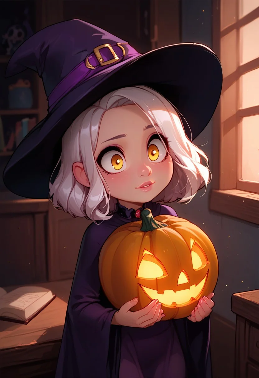 best quality, highly detailed, score_9, score_8_up, score_7_up, score_6_up,source_anime, BREAK, expressiveh, 1girl(Mikola from AFK Journey/,(ultra HD quality details), short white hair, hair hanging loose, (yellow eyes), SFW, Safe For Work, wide eyes, cutest girl in the world), source_cartoon, lineless, lilandavastyle, easynegative, g0thicPXL, glowing, neon, depth of field, makeup, Halloween theme, creepy haunted house interior, wearing a dark purple witch's outfit with a pointy witch hat, solo girl only, cute image, chibi, gleeful expression, carving a huge pumpkin,