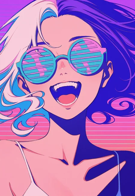 solo,
foreshortening, face focus, vaporwave, blending, shutter glasses, [covered eyes], happy, smile, shouting,
split-color hair, parted_hair, curly hair, floating hair,
realistic, rikuwo, [[mura_karuki]], tabisumika, moshimoshibe, no lineart, colorful_outline,
masterpiece, absurdres, newest, [dynamic pose]