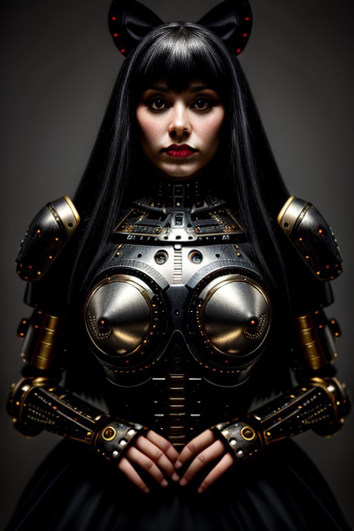 ((very beautiful)) (cyborg), 45 years old, (beautiful:1.75), (gothic makeup:0.99), (Red Lipstick:1), (anime:0.35), (oval face:0.25), (top model), body parts are made of metal, mechanical parts, mecha musume, robot joints, dress, ribbon, (front view:1.25), (elegant), 10 minutes before the world will end, hyper-realistic, (ultra-detailed:1), (insanely detailed:1), 4k, (8k), (realistic), (best quality), (HD), shot on portra 400, fujifilm xt3,  raw photo, (((masterpiece))), sense of depth,  ((perfect composition)), rule of thirds, (style of Leonardo Da Vinci:0.10), (style of Caravaggio:0.01), Perfect hand, (detailed hand),  beautiful lighting