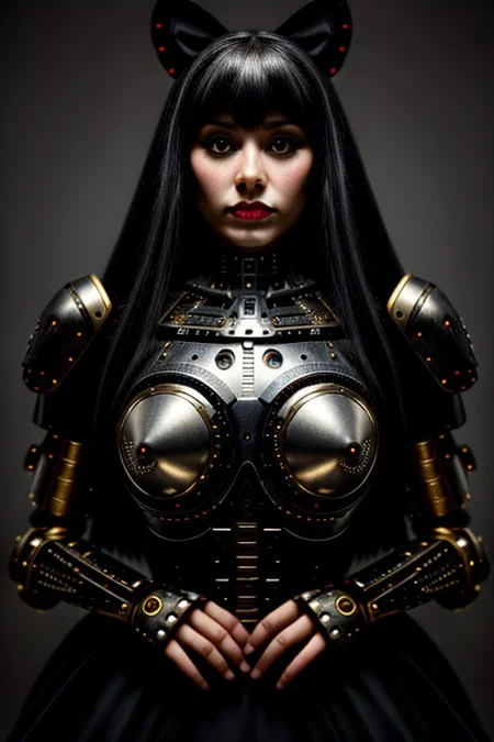 ((very beautiful)) (cyborg), 45 years old, (beautiful:1.75), (gothic makeup:0.99), (Red Lipstick:1), (anime:0.35), (oval face:0.25), (top model), body parts are made of metal, mechanical parts, mecha musume, robot joints, dress, ribbon, (front view:1.25), (elegant), 10 minutes before the world will end, hyper-realistic, (ultra-detailed:1), (insanely detailed:1), 4k, (8k), (realistic), (best quality), (HD), shot on portra 400, fujifilm xt3, raw photo, (((masterpiece))), sense of depth, ((perfect composition)), rule of thirds, (style of Leonardo Da Vinci:0.10), (style of Caravaggio:0.01), Perfect hand, (detailed hand), beautiful lighting