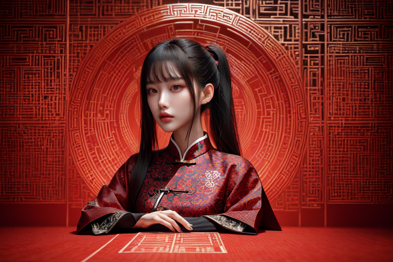 highly insanely detailed, masterpiece, top quality, best quality, highres, 4k, 8k, RAW photo, (very aesthetic, beautiful and aesthetic),  
(code_style,codestyle),traditional chinese text,(sympattern,geometric pattern), 
<lora:CodeStyle (half generic class)_564920:0.6>, 
(1girl:1.3), 1other, 
crimson red background,âââ