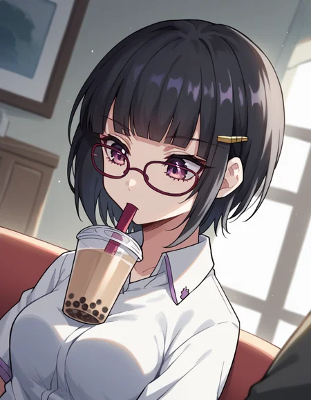 score_9, score_8_up, score_7_up, source_anime, <lora:souna-sitri-s1-ponyxl-lora-nochekaiser:1>, souna sitri, short hair, black hair, hair ornament, glasses, hairclip, bangs, blunt bangs, purple eyes, medium breasts, <lora:bubble-tea-challenge-ponyxl-lora-nochekaiser:1>, bubble tea challenge, bubble tea, object on breast, drinking straw, drinking straw in mouth, drinking, cup,, indoors, sitting, looking down, , cowboy shot, dutch angle,