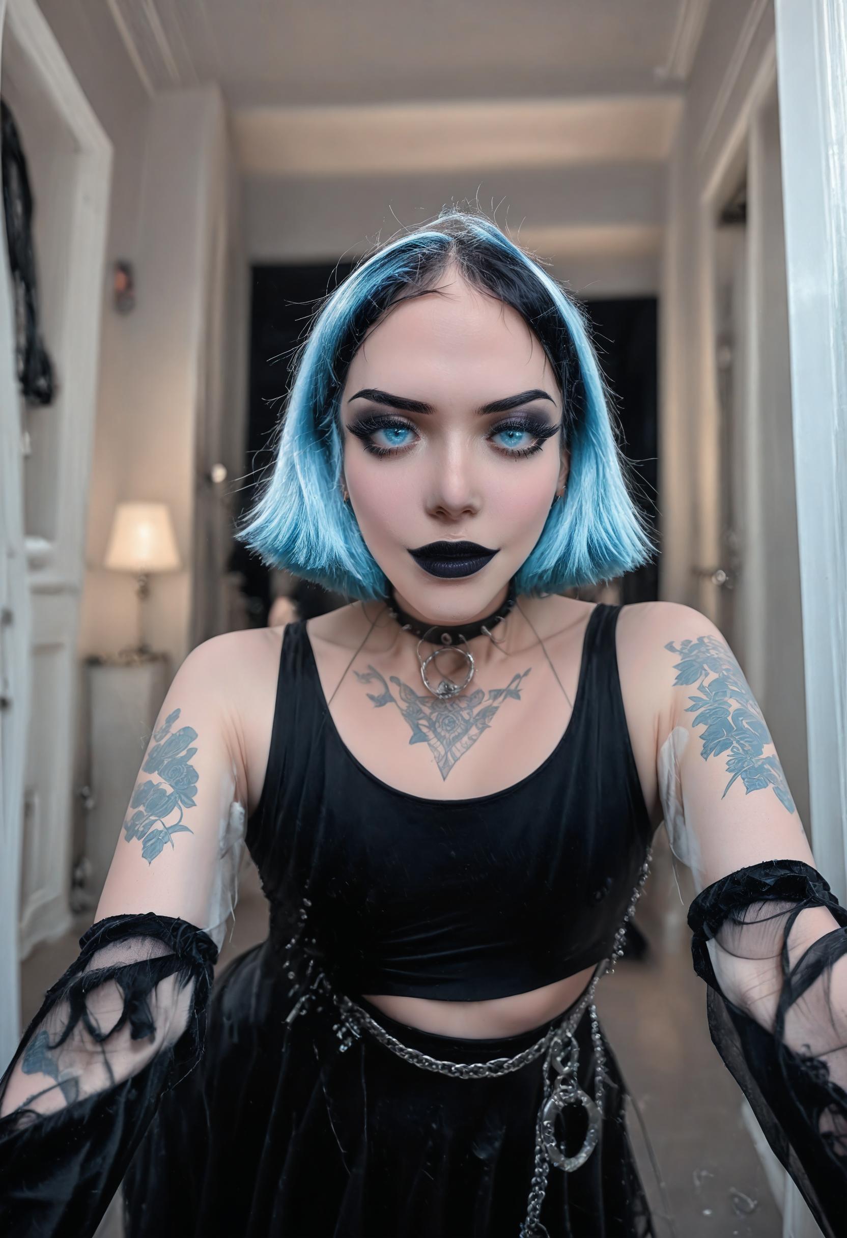<lora:Thicc_Goth_Gf:1>photo  thicc goth gf, tattooed thick gothic woman, 1girl, multi colored eyes, Royal blue hair, subsurface scathering, depth of field, skin pores, detailed skin, masterpiece, best quality, newest, absurdres, highres, feeling, impact, very awa, dim lighting, sidelighting, skindentation, amazing quality, scenery, very aesthetic, newest, volumetric lighting, blending, <lora:add-detail-xl:1> <lora:cfg_scale_boost:1> <lora:sdxl_enhance:1> <lora:spo_sdxl_10ep_4k-data_lora_webui:1>