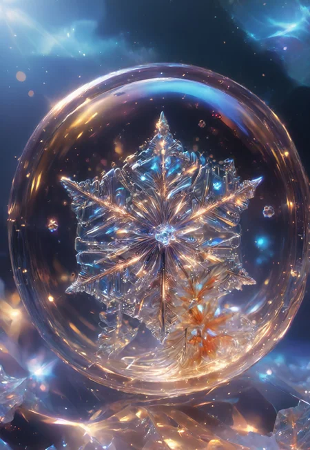 (high quality), (masterpiece), (detailed), 8K, An award-winning glowing snowflake, encased in a perfectly transparent glass bubble, floats delicately within a surreal winter setting. Its intricate, symmetrical crystalline patterns radiate a mesmerizing, golden luminosity, blending warm hues of amber, peach, and soft rose that glow softly through the glass. The bubble is adorned with delicate frost patterns along its edges, reflecting and refracting the snowflake’s warm light, casting a magical aura on its surroundings. Encased within, the snowflake sparkles with fine detail, as if suspended in time, evoking feelings of joy, serenity, and wonder, captivating all who witness this breathtaking masterpiece, glowneon, geometric, sparks, GlowingInk