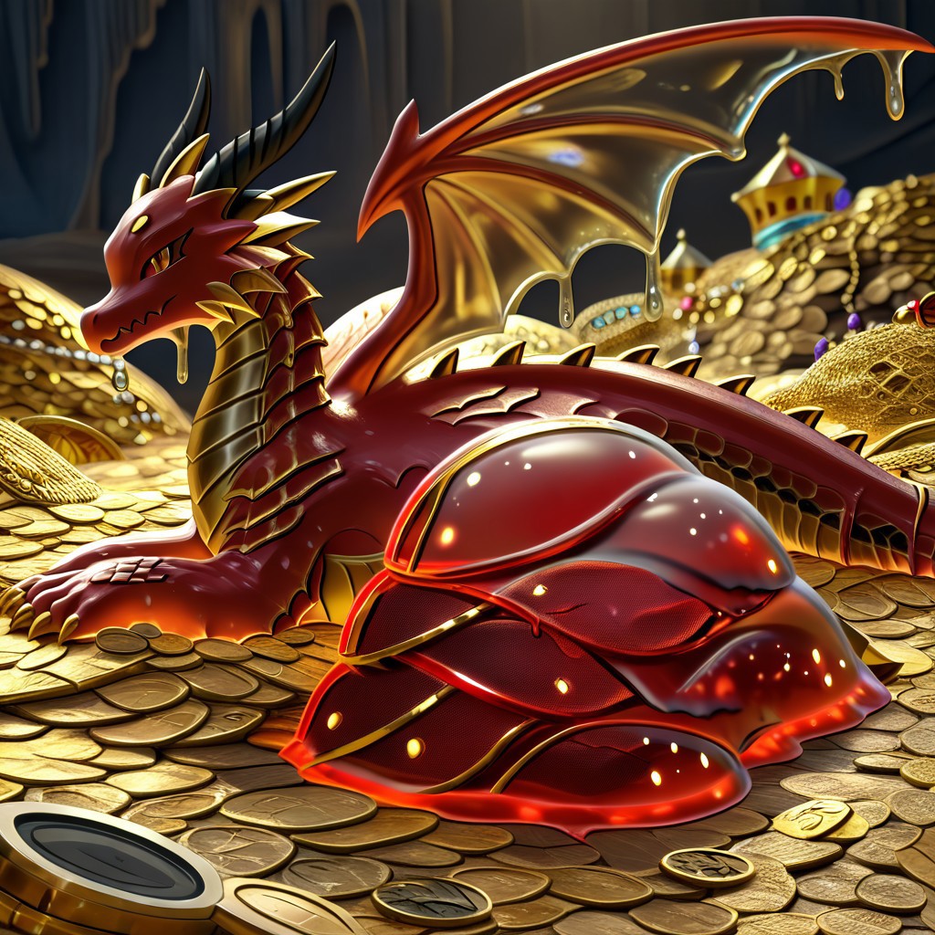 {1dragon, (slime dragon:2.5), (red and black slime:1.5), (highly detailed red and black dragon:1), (red and black dragon made out of slime:1.5), scaly black slime dragon, slime dragon with red eyes, black slime dragon laying in its hoard, black slime dragon with wings, dragon wings, detailed claws, detailed feet, detailed tail},
multi-colored gems, in a room of treasure made, ((piles of gold made of slime:1.5)), (piles of coins:1.5), 
treasure-room, treasure, gemstone, gold bars, gold pile, 
everything made of slime, No simple background,
((translucent slime)), ((transparent slime)), (bioluminescent slime), sl1m3d, slime, slime-morph, saturated colors,