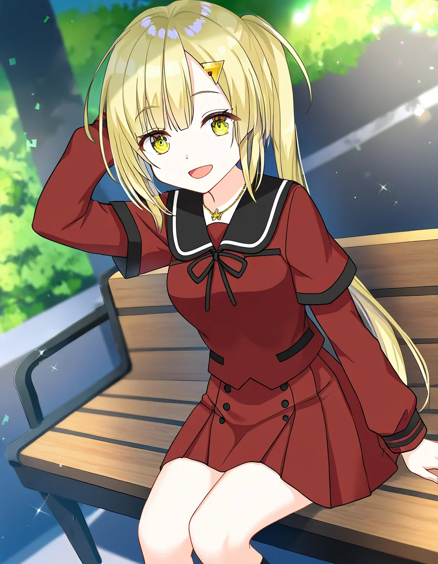 masterpiece, best quality, newest, absurdres, highres, safe, 1girl, yusa hazuki \(school uniform\), magia record: mahou shoujo madoka magica gaiden, red school uniform, solo, sitting, open mouth, outdoors, dutch angle, <lora:yusa_hazuki_noobaiXLNAIXL_vPred10Version:0.7>