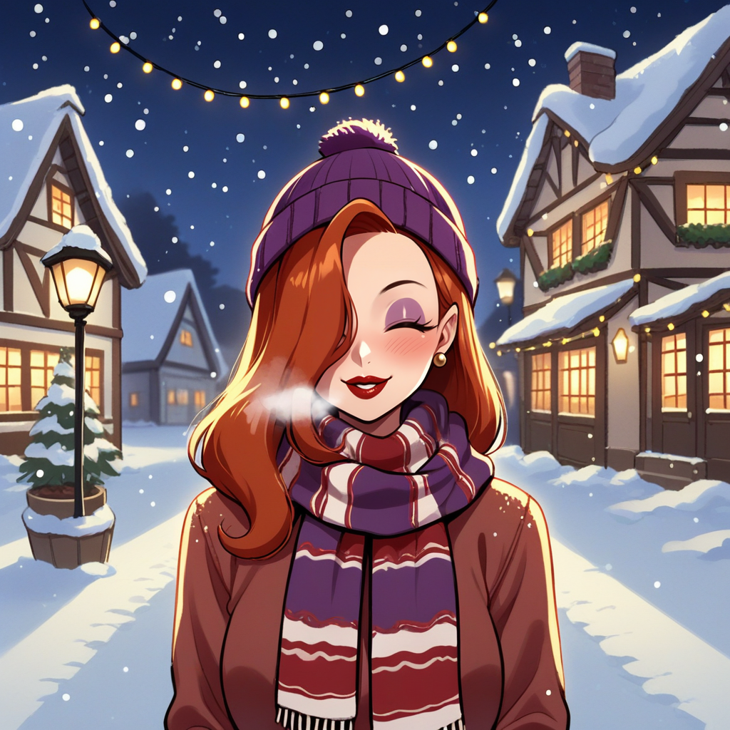 score_9, score_8_up, score_7_up, score_6_up, score_5_up, score_4_up, zPDXL2,source_anime,rating_questionable, 1girl, solo, looking at viewer, smile, eyes closed, blush, visible breath,Jessica Rabbit, sweater, scarf, beanie, <lora:Winter_Village:0.7> snwv1ll4g3, snow, outdoors, rustic buildings, village, Christmas lights, night, night time, snowing,