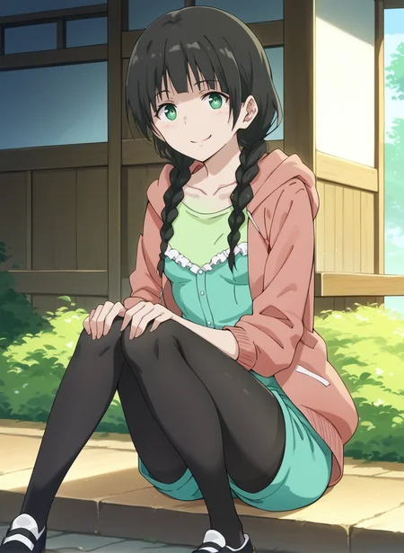 (score_9,score_8_up,score_7_up,source_anime,anime,nsfw,rating_explicit,uncensored),(High quality, Ultra detailed, best quality, insanely detailed, beautiful, masterpiece,perfect lighting) BREAK <lora:kowata_makoto_V1:1>,(kowata_makoto, long hair, black hair, green eyes, braid,twin braids,small breasts, green dress, green shorts, pink hoodie,black leggings,shoes),1girl,solo,kind_smile,sitting,outdoors,front view,,looking_at_viewer,