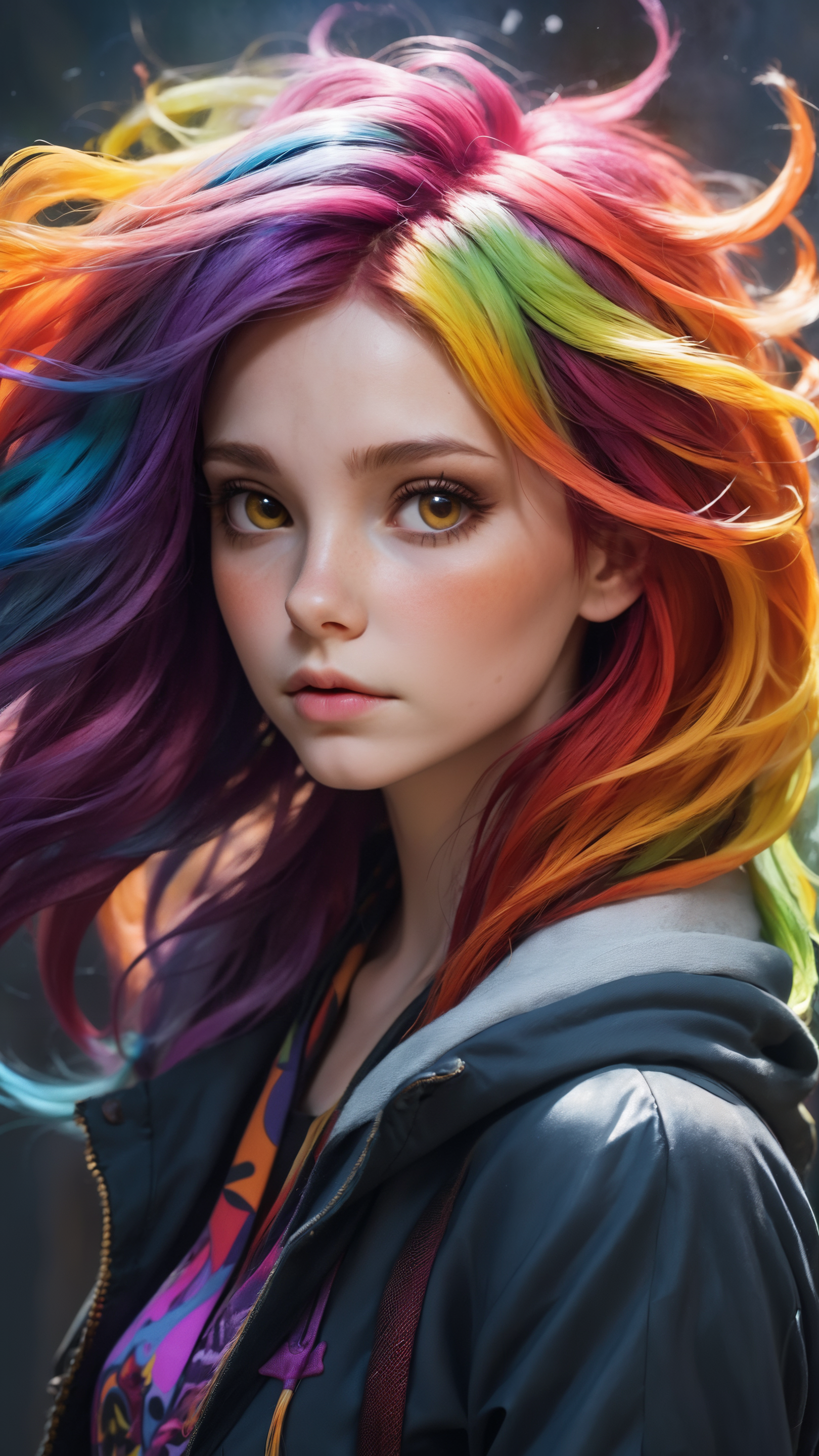 umbral girl, multicolored hair, wild hair, mane