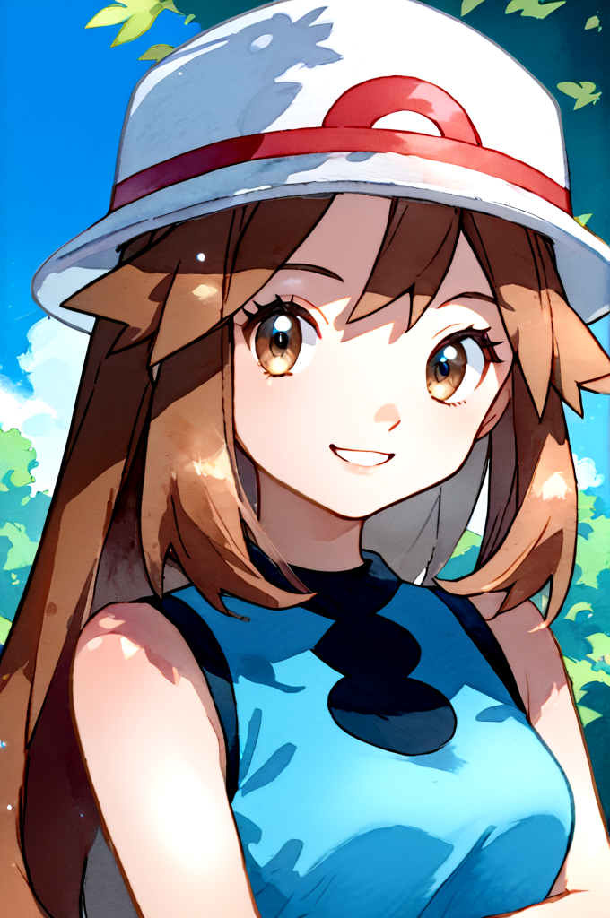 Score_9, score_8_up, score_7_up, score_6_up, score_5_up, source_cartoon, rating_safe
Centered, looking looking at viewer,
zzleaf, smile, white headwear, sleeveless shirt, blue shirt
<lora:LeafP1:1>
ken sugimori, watercolor \(medium\)
<lora:KenSugimoriPony:0.6>