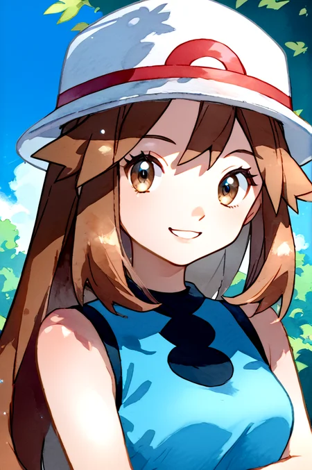 Score_9, score_8_up, score_7_up, score_6_up, score_5_up, source_cartoon, rating_safe
Centered, looking looking at viewer,
zzleaf, smile, white headwear, sleeveless shirt, blue shirt
<lora:LeafP1:1>
ken sugimori, watercolor \(medium\)
<lora:KenSugimoriPony:0.6>