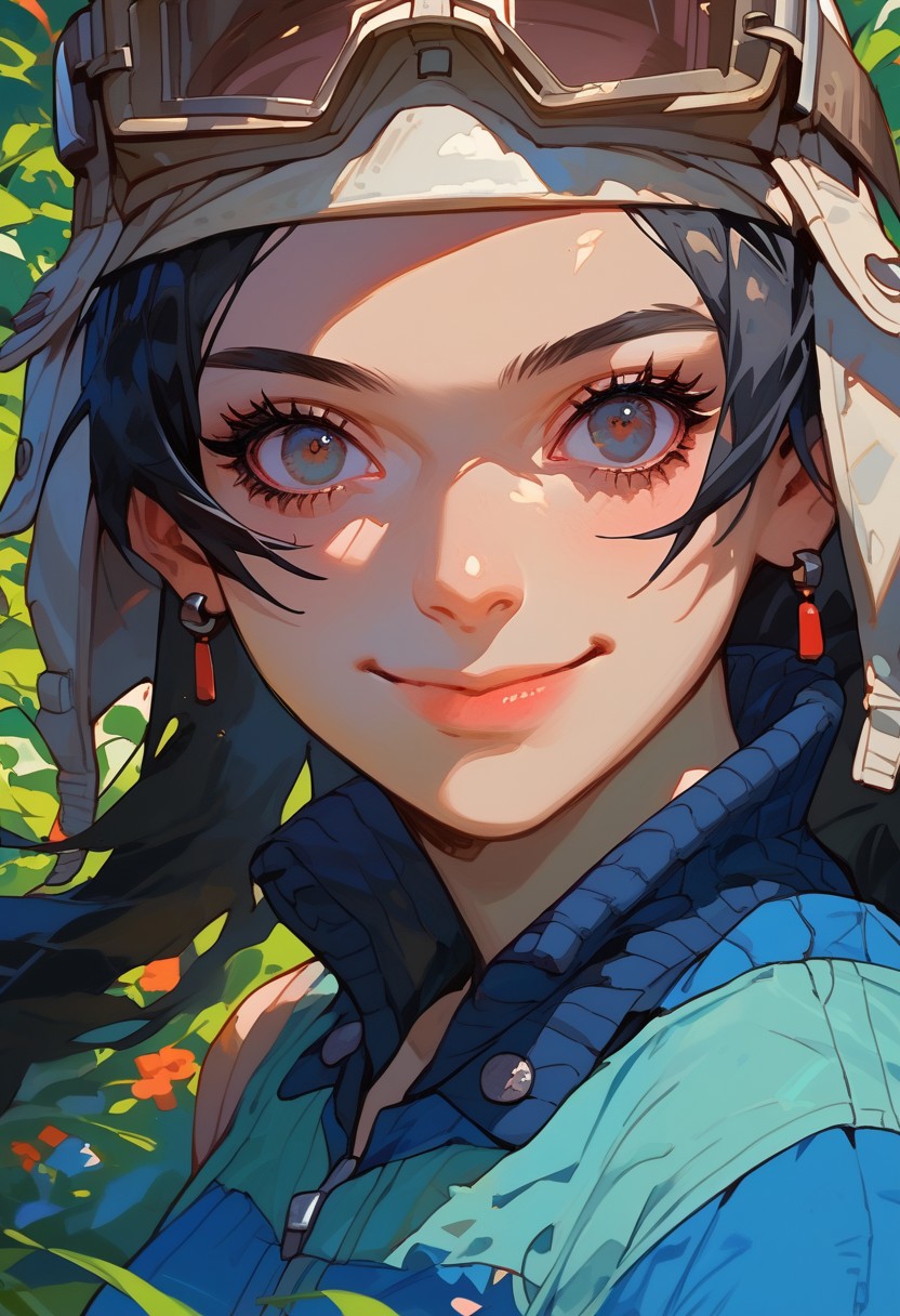 score_9, score_8_up, score_7_up, y0tt4, 1girl, solo,  
 asahismtiva, long hair, black hair, helmet, goggles on head, dress,  light smile