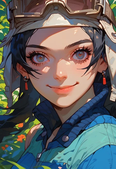 score_9, score_8_up, score_7_up, y0tt4, 1girl, solo,
asahismtiva, long hair, black hair, helmet, goggles on head, dress, light smile