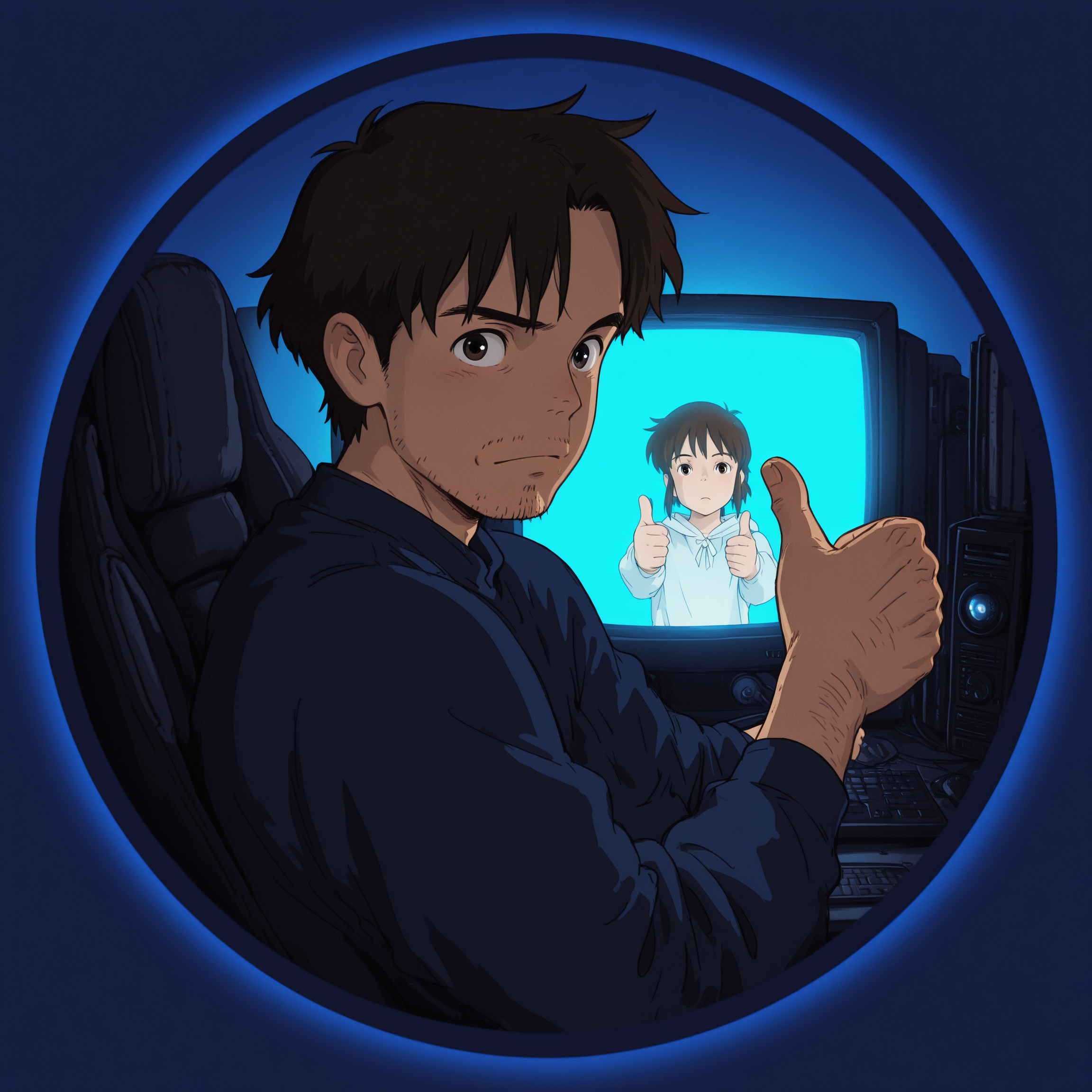 studio_ghibli, pfp circle, 1boy, stubble, thumbs up, at computer, from side, turning, looking at viewer, border, glow, blue background, masterpiece, best quality, amazing detail, high definition