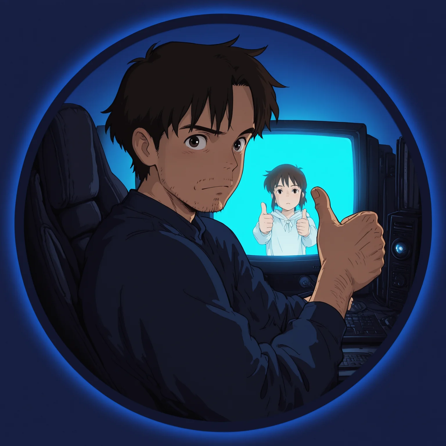 studio_ghibli, pfp circle, 1boy, stubble, thumbs up, at computer, from side, turning, looking at viewer, border, glow, blue background, masterpiece, best quality, amazing detail, high definition