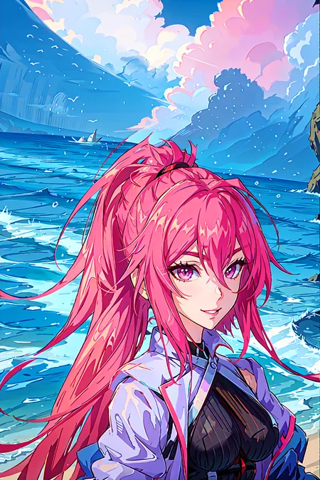 masterpiece, best quality, 1girl,smile, ultra high res, 1woman, beach, peace sign, posing, looking at viewer, laughing, happy, sam yang, <lora:samdoesartsSamYang_offsetRightFilesize:.8> ink hair, pink eyes, beautiful eyes, Ponytail. Frigg, <lora:friggTowerOfFantasy_v10:.76>