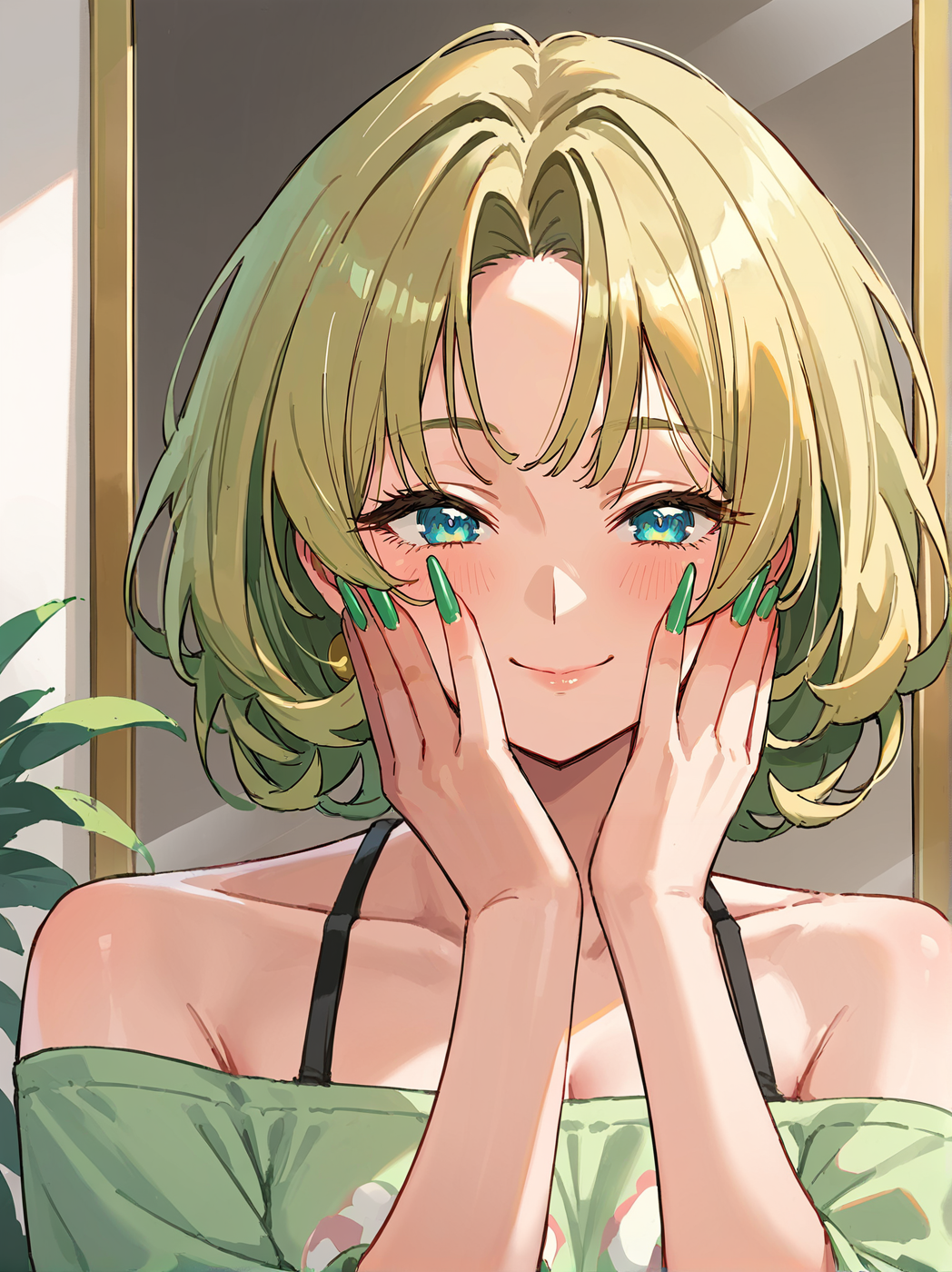 score_8_up, score_7_up, score_6_up, source_anime, 1girl, solo, close-up, mirror, hands on own face
smile, mature female
blonde hair,
stiletto nails, <lora:Stiletto_Nails:1>
sharp nails, green nails
off-shoulder shirt