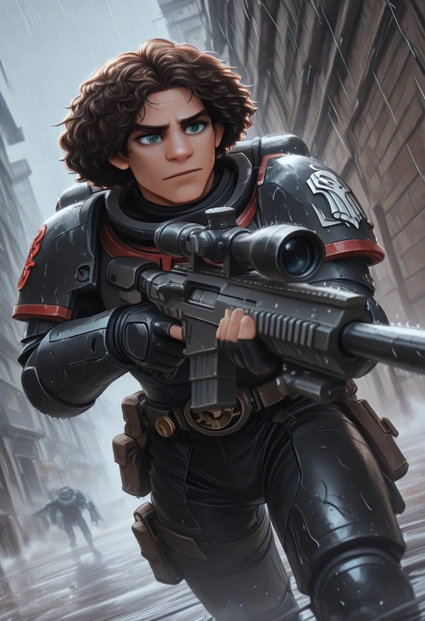masterpiece, best quality, high quality, newest, highres,8K,HDR,absurdres, dynamic angle, realistic, 1boy, wearing edgRG_(power armor), pauldrons, raven emblem, solo, 1boy,  Camilo Madrigal, a handsome young man, m1l0th, C4milo M4drig4l, brown hair, afro, curly hair, hazel green eyes, perfect eyes,  holding a sniper, silhouette, skyline, creepy, backlit, haunted, lightnings and thunders, rain, rainy, fog, mist, cold, dutch angle, dark interior, solo, close up, mid shot, dutch angle, <lora:edgIllustriousXL_Raven_Guard:1>