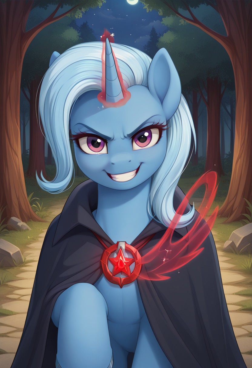 score_9, score_8_up, score_7_up, score_6_up, score_5_up, score_4_up, pony, feral pony, ((anatomically correct)), g4, Trixie, black cloak, red magic, angry, smile, night, forest, alicorn amulet, look at you, look at viewer, looking at viewer, look at you, beautiful, detailed, (detailed cute pony face), detailed fur, beautiful, vector, flat colors, (beautiful long eyelashes), detailed background, beautiful background, Expressiveh, easynegative, shadows, shadow, realistic shadows