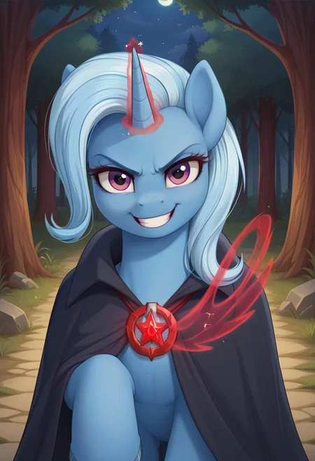 score_9, score_8_up, score_7_up, score_6_up, score_5_up, score_4_up, pony, feral pony, ((anatomically correct)), g4, Trixie, black cloak, red magic, angry, smile, night, forest, alicorn amulet, look at you, look at viewer, looking at viewer, look at you, beautiful, detailed, (detailed cute pony face), detailed fur, beautiful, vector, flat colors, (beautiful long eyelashes), detailed background, beautiful background, Expressiveh, easynegative, shadows, shadow, realistic shadows