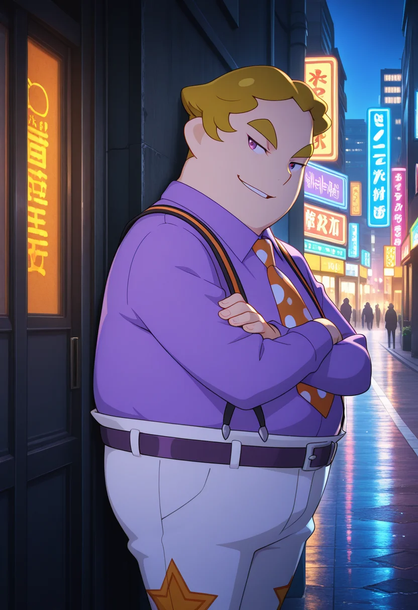 deep contrast, luminous lighting, cinematic ambiance, best quality, colorful, masterpiece, detailed_background, urban_background, BREAK <lora:yuzuru-v1-09 (1):1> tcc-yuzuru, young, (chubby:0.5), 1boy, purple shirt, print necktie, suspender pants, white pants, against wall, smirk, dark, city, neon, crossed arms,