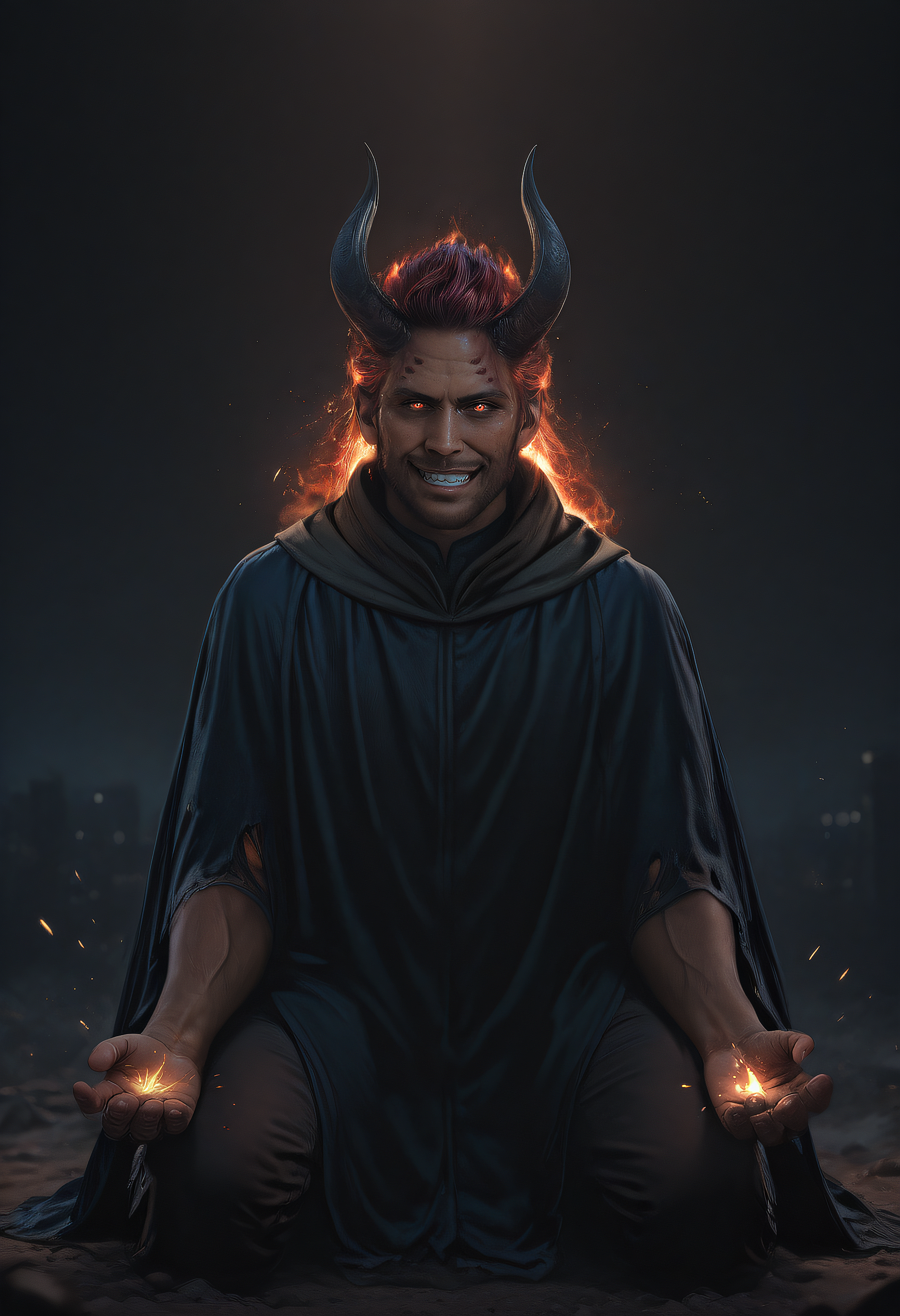 embedding:SDXL\Positive\HDA_MasterpieceXLclassic, womby_artstyle, realistic, dark theme, low light, handfixer, 1boy, mature male, demon, grin, smug, cinematic lighting, solo, dark red curls, fade from dark to light red curls, sparks, bokeh, black curved ram horns, glowing hair, pale skin, glowing sparks on hand, energy charge, red sigil, torn clothes, muscular, cloak, crumble walls, desolate city, city background, kneeling, depth of field, vfx, fire dust, ashes, masterpiece, high resolution, best quality